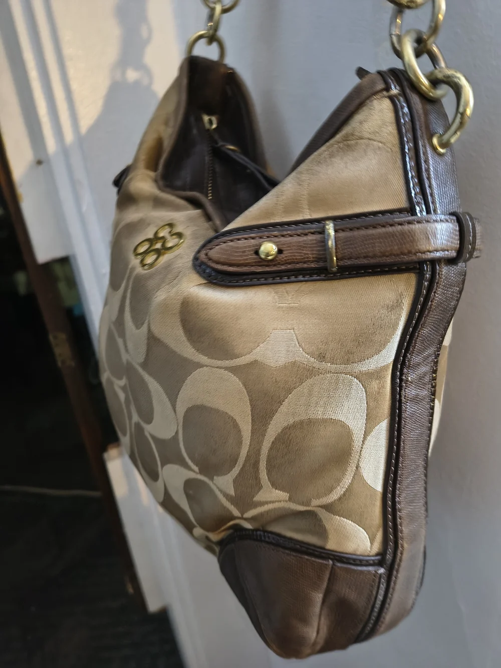 Coach Tan Signature Canvas Hobo with Dark Brown Leather and Gold Hardware